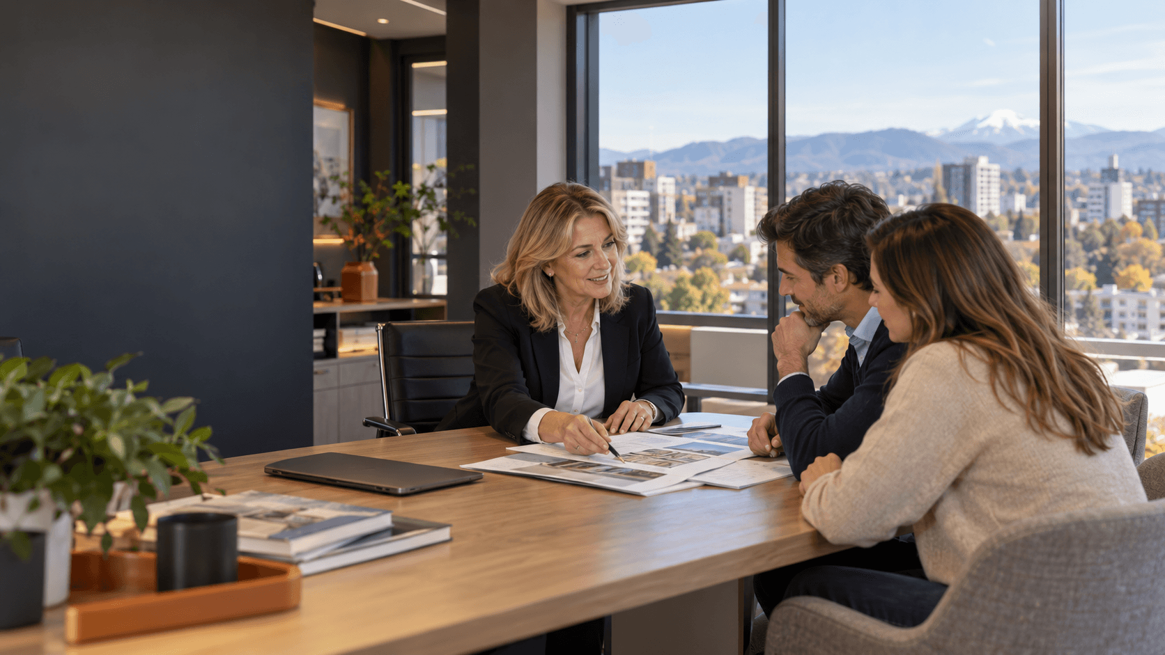 Asesora inmobiliaria conversando con sus clientes en una oficina